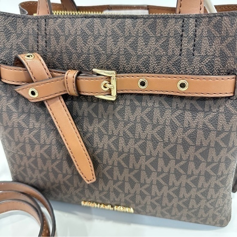 New Michael Kors Emilia Small Logo Printed Canvas Satchel Bag in Brown - Picture 2 of 12